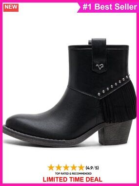 Faux Leather Fringe Ankle Booties Square Toe Block Heel Pull-On